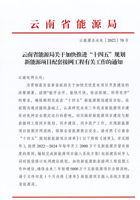 光伏966.3万千瓦！云南加快推进“十四五”规划新能源项目配套接网工程